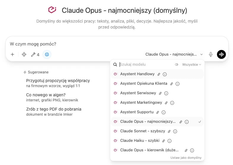 Firmowy czat AI w Imkerze: pole pytania i lista asystentów działów: handlowy, opiekuna klienta, serwisowy, marketingowy, supportu